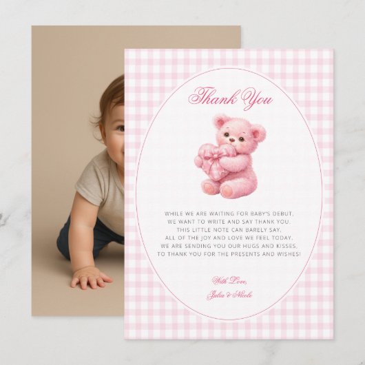 Pink Gingham Teddy Bear Neutral Baby Shower 招待状 (正面/裏面)