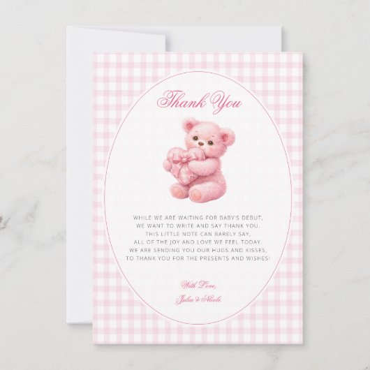 Pink Gingham Teddy Bear Neutral Baby Shower 招待状 (正面)
