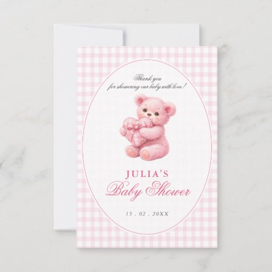 Pink Gingham Teddy Bear Neutral Baby Shower 招待状 (正面)