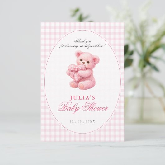 Pink Gingham Teddy Bear Neutral Baby Shower 招待状 (スタンド正面)