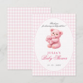 Pink Gingham Teddy Bear Neutral Baby Shower 招待状 (正面/裏面)