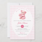 Pink Gingham Teddy Bear Neutral Baby Shower 招待状 (正面)