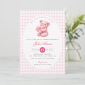 Pink Gingham Teddy Bear Neutral Baby Shower 招待状 (スタンド正面)