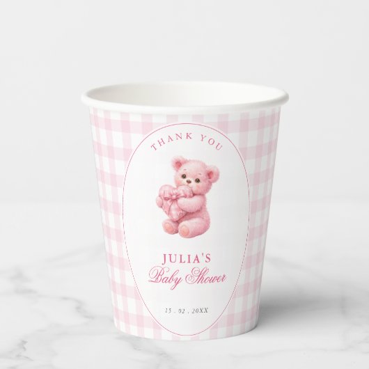 Pink Gingham Teddy Bear Neutral Baby Shower 紙コップ (裏面)