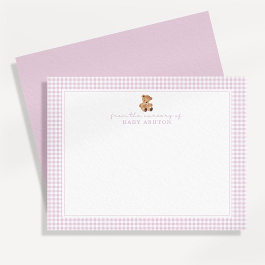 Pink Gingham Teddy Bear Nursery Note Card 案内状