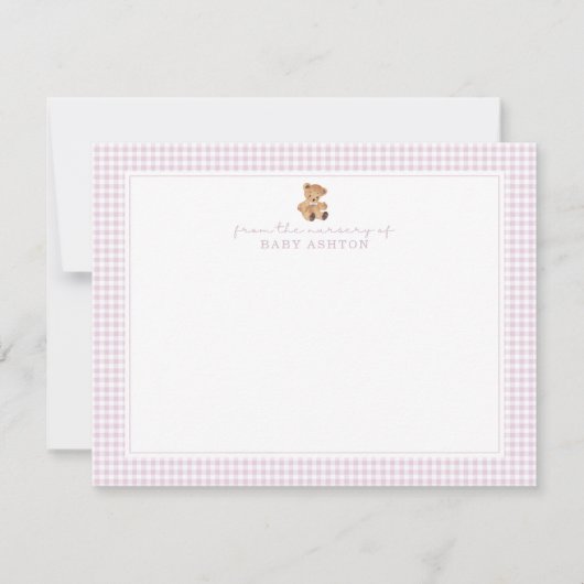 Pink Gingham Teddy Bear Nursery Note Card 案内状 (正面)