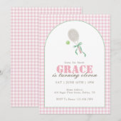 Pink Gingham Tennis 11th Birthday Party for Girls  招待状 (正面/裏面)