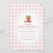 Pink Gingham Two Sweet Strawberry Birthday 招待状 (正面/裏面)