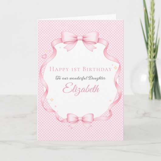 Pink Gingham Watercolor Bow Girl Birthday Card カード (正面)