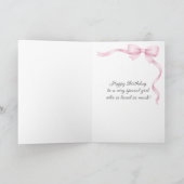 Pink Gingham Watercolor Bow Girl Birthday Card カード (内部)