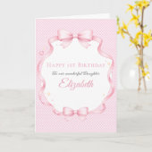 Pink Gingham Watercolor Bow Girl Birthday Card カード (黄色い花)