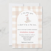 Pink Gingham Watercolor Goose Girl Baby Shower 招待状 (正面)