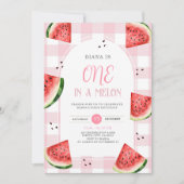 Pink Gingham Watermelon First Birthday Invitation 招待状 (正面)