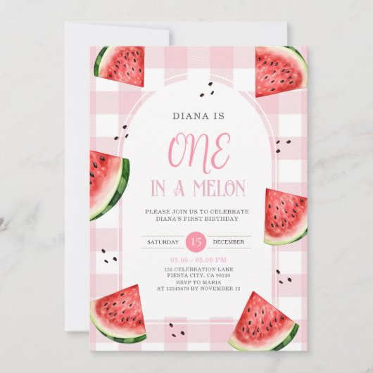 Pink Gingham Watermelon First Birthday Invitation 招待状 (正面)