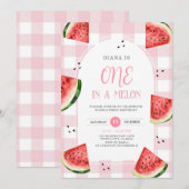 Pink Gingham Watermelon First Birthday Invitation 招待状 (正面/裏面)