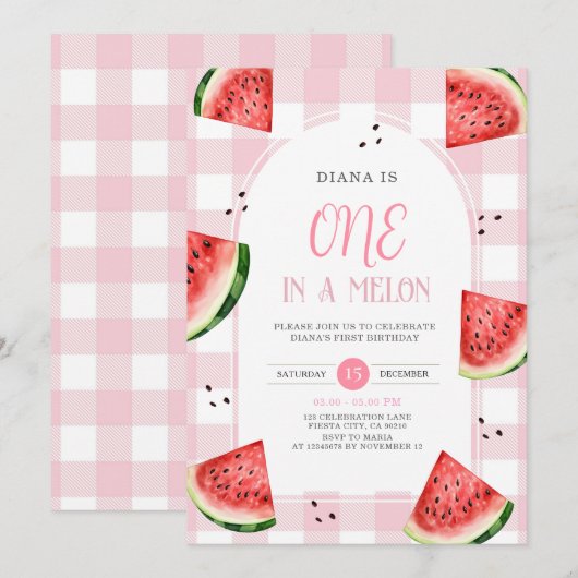 Pink Gingham Watermelon First Birthday Invitation 招待状 (正面/裏面)