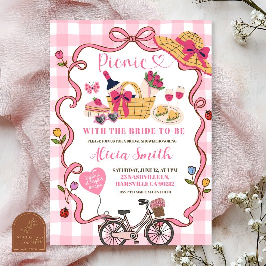 Pink Gingham Whimsical Picnic Bridal Shower Invit 招待状