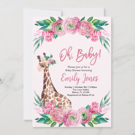 Pink Giraffe Floral Baby Shower 招待状 (正面)