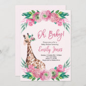 Pink Giraffe Floral Baby Shower 招待状 (正面/裏面)