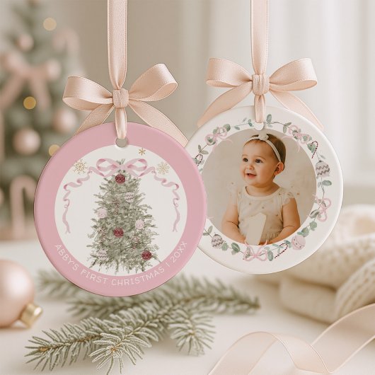 Pink Girl Baby First Christmas Photo メタルオーナメント
