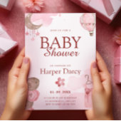 Pink Girl Baby Shower with Moon & Hot Air Balloon 招待状