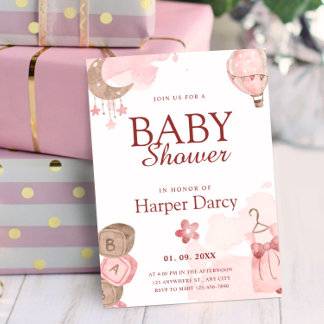 Pink Girl Baby Shower with Moon & Hot Air Balloon 招待状
