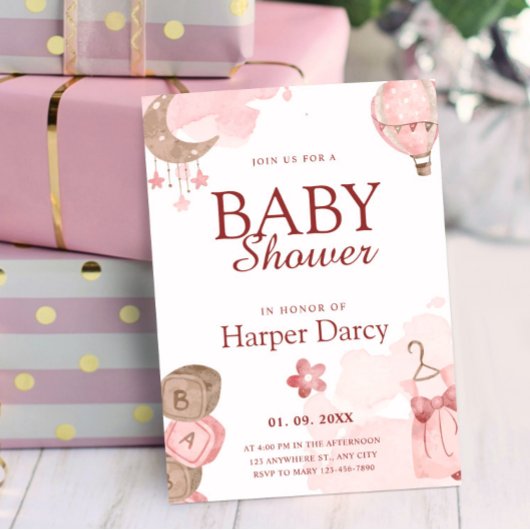 Pink Girl Baby Shower with Moon & Hot Air Balloon 招待状