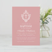 Pink Girl Baptism Cross & Crest Elegant Dusty Rose 招待状 (スタンド正面)