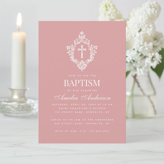 Pink Girl Baptism Cross & Crest Elegant Dusty Rose 招待状