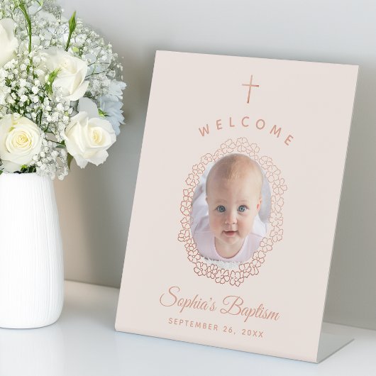 Pink Girl Baptism Photo in Rose Gold Floral Wreath 台座サイン