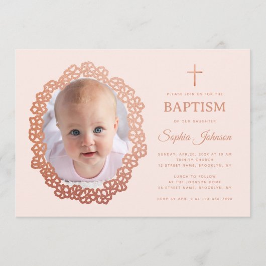 Pink Girl Baptism Photo in Rose Gold Floral Wreath 招待状 (正面)