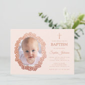 Pink Girl Baptism Photo in Rose Gold Floral Wreath 招待状 (スタンド正面)