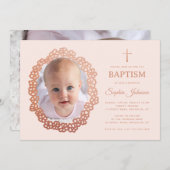 Pink Girl Baptism Photo in Rose Gold Floral Wreath 招待状 (正面/裏面)