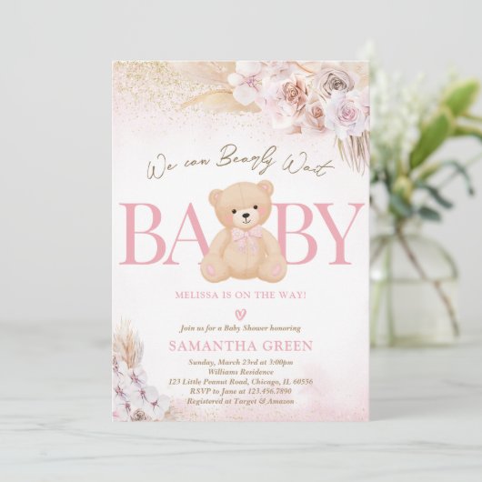 Pink Girl Bear Boho Baby Shower 招待状 (スタンド正面)