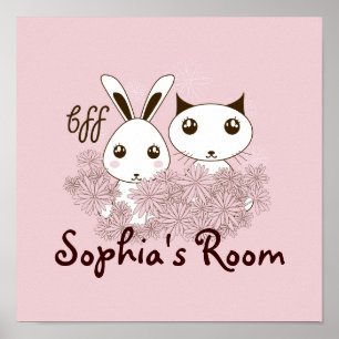 Pink Girl BFF Cute Cartoon Kitten and Bunny Kids ポスター