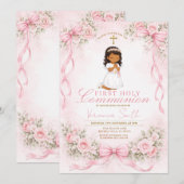 Pink Girl Bow Floral First Holy Communion 招待状 (正面/裏面)