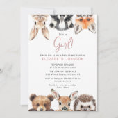 Pink Girl Cute Forest Woodland Animals Baby Shower 招待状 (正面)