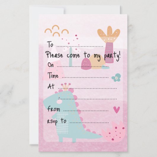 Pink Girl Dino Birthday Party Fill--In Paper Sheet (正面)