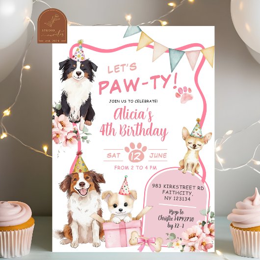 Pink Girl Dog let's Pawty Birthday 招待状