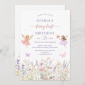 Pink Girl Floral Fairy First 1st Birthday 招待状 (正面/裏面)