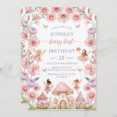 Pink Girl Floral Fairy First 1st Birthday 招待状 (正面/裏面)
