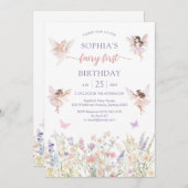 Pink Girl Floral Fairy First 1st Birthday 招待状 (正面/裏面)