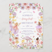 Pink Girl Floral Fairy First 1st Birthday 招待状 (正面/裏面)