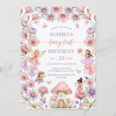 Pink Girl Floral Fairy First 1st Birthday 招待状 (正面/裏面)
