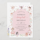 Pink Girl Floral Fairy First 1st Birthday 招待状 (正面/裏面)