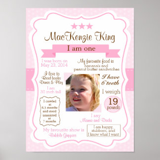 Pink Girl one year sign for your birthday girl ポスター