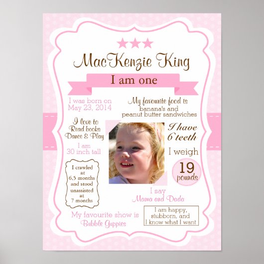 Pink Girl one year sign for your birthday girl ポスター (正面)