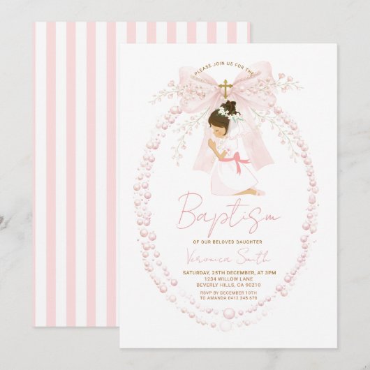 Pink Girl Pearls Bow Baptism Invitation 招待状 (正面/裏面)