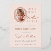 Pink Girl Photo Floral Frame Little Miss Onederful 箔招待状 (正面)