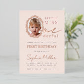 Pink Girl Photo Floral Frame Little Miss Onederful 箔招待状 (立ち正面)
